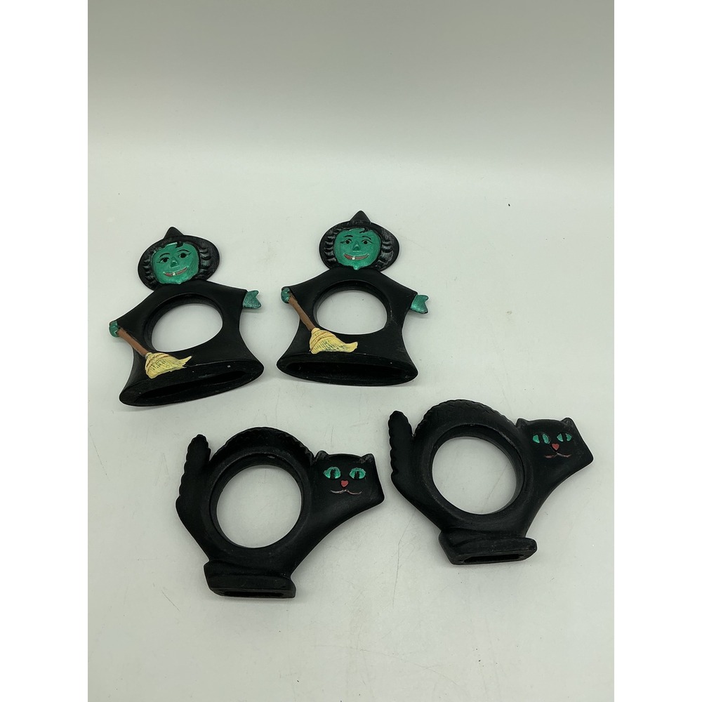 Vintage Halloween Napkin Rings Set of 4 Witches and Black Cats Spooky Decor